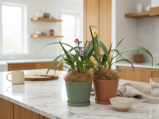 Potted plants on a kitchen counter with a modern kitchen background