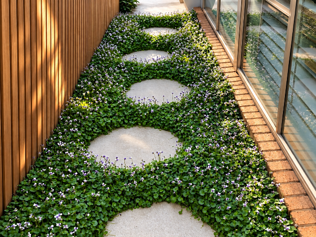 Groundcover plants spreading across bare soil to create a lush green carpet, fill garden gaps and add colour and texture to outdoor spaces.