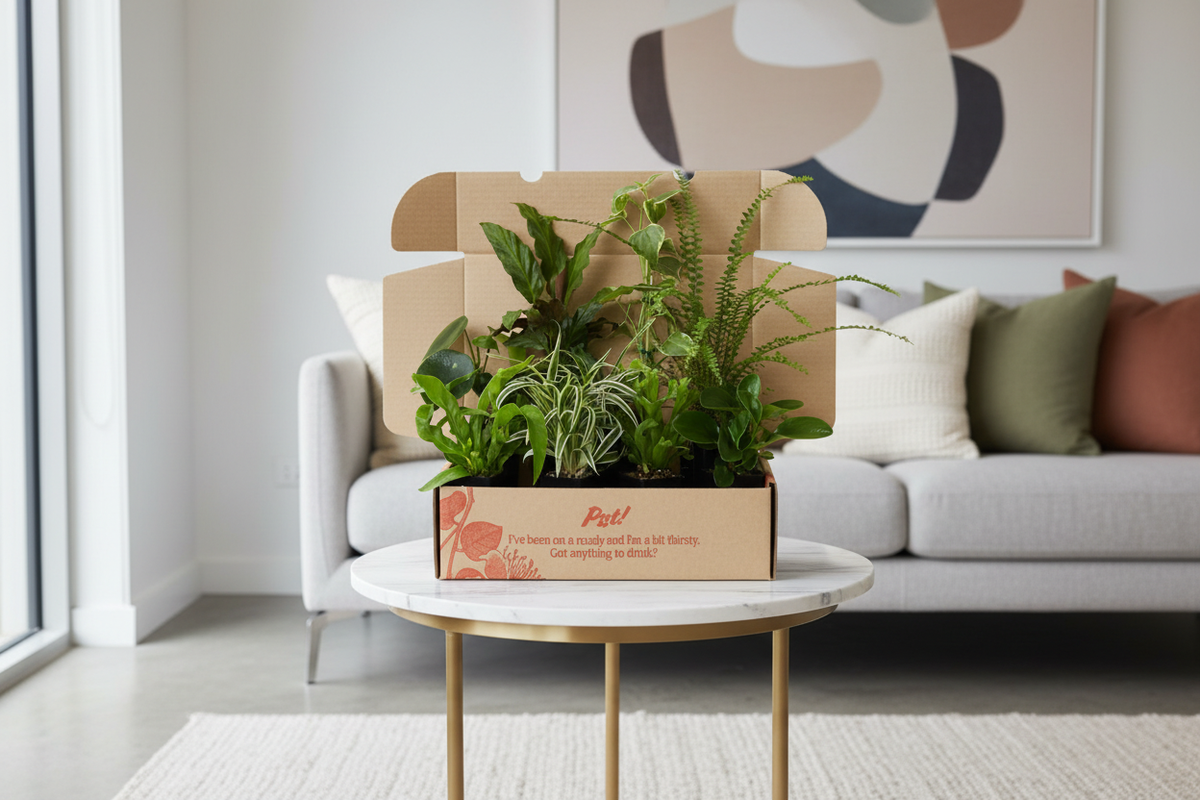 Modern living room with a Plants in a  Box box of pet friendly air purifier plants placed a on round marble coffee table